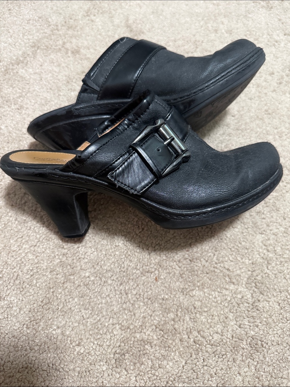 Comfortiva Black Leather Mule with Decorative Buckle